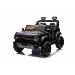 Mașină electrică de jucărie Ford Bronco XL cu tracțiune spate, model cu licență, negru, baterie litiu, șasiu înalt, două locuri, suspensie punte spate, telecomandă 2,4 GHz, player MP3 cu intrare USB, lumini LED