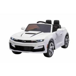 Mașină electrică pentru copii Chevrolet Camaro 12V, alb, telecomandă 2,4 GHz, uși cu deschidere, roți EVA, lumini LED, scaun din piele, 2 X MOTOR, intrare USB/SD, licență ORIGINALĂ