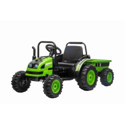 Tractor electric pentru copii POWER cu remorcă, verde, tracțiune spate, baterie de 12V, roți din plastic, scaun larg, telecomandă de 2,4 GHz, MP3 player cu USB, lumini LED