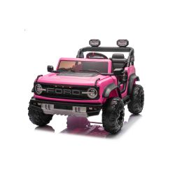 Mașină electrică de jucărie Ford Bronco XL cu tracțiune spate, model cu licență, roz, baterie litiu, șasiu înalt, două locuri, suspensie punte spate, telecomandă 2,4 GHz, player MP3 cu intrare USB, lumini LED