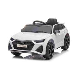 Mașină electrică Audi RS6, 12V, scaun piele, telecomandă 2.4GHz, intrare USB, lumini LED, baterie 12V, roți moi EVA, 2 X MOTOR, alb, licență ORIGINALĂ