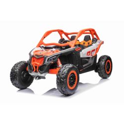 Mașină electrică copii Can-am Maverick, portocaliu, cu două locuri, suspensie spate, telecomandă 2,4 Ghz, baterie portabilă, 4 motoare de 35 W, roți EVA, scaune din piele, player MP3 cu intrare USB/SD, model cu licență