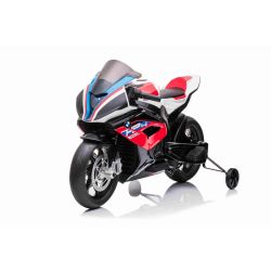 Motocicleta electrică BMW HP4 RACE 12V, roșu, Licențiată, Roți auxiliare, roți EVA moi, motor 2 x 35W, Suspensie, cadru metalic, furcă metalică