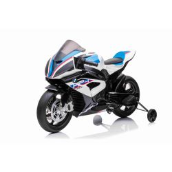 Motocicleta electrică BMW HP4 RACE 12V, alb, Licențiată, Roți auxiliare, roți EVA moi, motor 2 x 35W, Suspensie, cadru metalic, furcă metalică