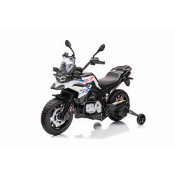 Motocicletă electrică BMW F850 GS, Licențiat, baterie 12V, roți moi EVA, motor 2 x 35W, lumini LED, roți auxiliare, alb