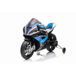 Motocicleta electrică BMW HP4 RACE 12V, albastru, Licențiată, Roți auxiliare, roți EVA moi, motor 2 x 35W, Suspensie, cadru metalic, furcă metalică