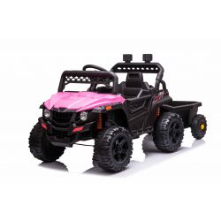 Mașină electrică copii RSX mini cu remorcă, roz, tracțiune spate, baterie de 12V, roți din plastic, scaun larg, telecomandă de 2,4 GHz, un singur loc, MP3 player cu intrare USB / SD, lumini LED
