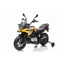 Motocicletă electrică BMW F850 GS, Licențiat, baterie 12V, roți moi EVA, motor 2 x 35W, lumini LED, roți auxiliare, galben