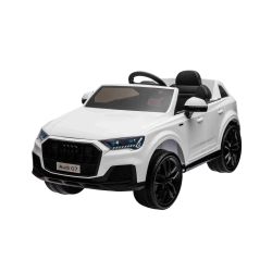 Mașină electrică de jucărie Audi Q7 alb, 1 loc, suspensie independentă, baterie 12V, telecomandă, 2 motoare de 35 W, lumini LED, intrare USB/AUX pe MP3 player, model cu licență