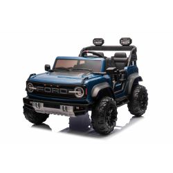 Mașină electrică de jucărie Ford Bronco XL cu tracțiune spate, model cu licență, albastru, baterie litiu, șasiu înalt, două locuri, suspensie punte spate, telecomandă 2,4 GHz, player MP3 cu intrare USB, lumini LED