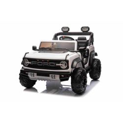 Mașină electrică de jucărie Ford Bronco XL cu tracțiune spate, model cu licență, alb, baterie litiu, șasiu înalt, două locuri, suspensie punte spate, telecomandă 2,4 GHz, player MP3 cu intrare USB, lumini LED