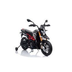 Motocicletă electrică copii APRILIA DORSODURO 900, Licențiată, baterie 12V, roți EVA moi, 2 x 18W Motoare, Suspensie, cadru metalic, furcă metalică, roți auxiliare, gri