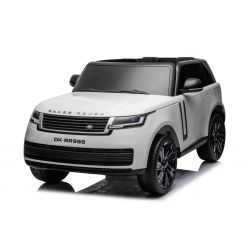 Mașină electrică Range Rover model 2023, două locuri, alb, scaune din piele, radio cu intrare USB, tracțiune spate cu suspensie, baterie 12V7AH, roți EVA, pornire cu cheie în trei poziții, telecomandă de 2,4 GHz, model licențiat