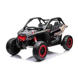 Mașină electrică copii Can-am Maverick, negru, cu două locuri, suspensie spate, telecomandă 2,4 Ghz, baterie portabilă, 4 motoare de 35 W, roți EVA, scaune din piele, player MP3 cu intrare USB/SD, model cu licență