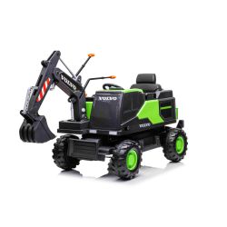 Excavator electric Volvo 12V cu cupă, un singur scaun, verde, scaun din piele moale, MP3 Player cu intrare USB/TF/AUX, tracțiune spate, Motor 2 x 35W, roți EVA, baterie 12V/14Ah