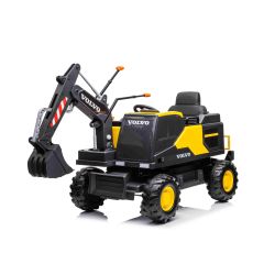 Excavator electric Volvo 12V cu cupă, un singur scaun, galben, scaun din piele moale, MP3 Player cu intrare USB/TF/AUX, tracțiune spate, Motor 2 x 35W, roți EVA, baterie 12V/14Ah