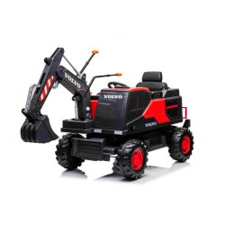 Excavator electric Volvo 12V cu cupă, un singur scaun, roșu, scaun din piele moale, MP3 Player cu intrare USB/TF/AUX, tracțiune spate, Motor 2 x 35W, roți EVA, baterie 12V/14Ah