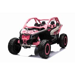 Mașină electrică copii Can-am Maverick, Roz, cu două locuri, suspensie spate, telecomandă 2,4 Ghz, baterie portabilă, 4 motoare de 35 W, roți EVA, scaune din piele, player MP3 cu intrare USB/SD, model cu licență