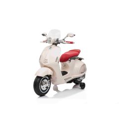 Motocicletă electrică Vespa 946 cu marșarier, albă, cu roți ajutătoare, Model cu licență, 2 x Baterie 6V, 2x Motor 30W, Scaun piele, MP3 Player cu intrare USB