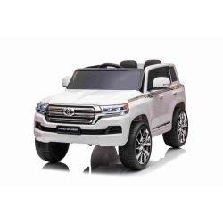 Mașină electrică de jucărie Toyota Landcruiser 12V, alb, scaun din piele, telecomandă 2,4 GHz, intrare USB / AUX, suspensie, baterie 12 V, roți moi EVA, MOTOR 2 X 35 W, licență ORIGINALĂ