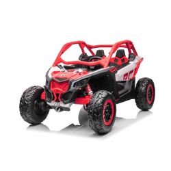 Mașină electrică copii Can-am Maverick, roșu, cu două locuri, suspensie spate, telecomandă 2,4 Ghz, baterie portabilă, 4 motoare de 35 W, roți EVA, scaune din piele, player MP3 cu intrare USB/SD, model cu licență