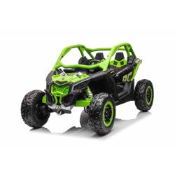 Mașină electrică copii Can-am Maverick, verde, cu două locuri, suspensie spate, telecomandă 2,4 Ghz, baterie portabilă, 4 motoare de 35 W, roți EVA, scaune din piele, player MP3 cu intrare USB/SD, model cu licență