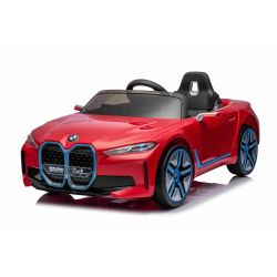 Mașină electrică BMW i4, roșu, telecomandă 2,4 GHz, conexiune USB / AUX / Bluetooth, suspensie, baterie 12V, lumini LED, 2 X MOTOR, licență ORIGINALĂ