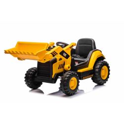 Excavator electric Caterpillar model cu licență cu cupă față, scaun unic, galben, intrare USB pentru player MP3, tracțiune spate cu 2 motoare de 30 W și baterie litiu