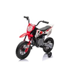 Motocicletă electrică MOTOCROSS, roșu, baterie 12V, roți moi EVA, scaun piele, motor 2 x 25 W, suspensie, cadru metalic, player MP3 cu Bluetooth, roți ajutătoare