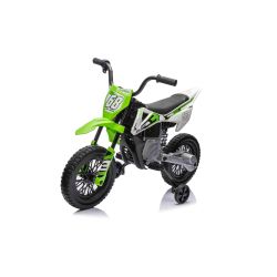 Motocicletă electrică MOTOCROSS, verde, baterie 12V, roți moi EVA, scaun piele, motor 2 x 25 W, suspensie, cadru metalic, player MP3 cu Bluetooth, roți ajutătoare