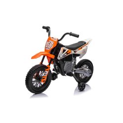 Motocicletă electrică MOTOCROSS, portocaliu, baterie 12V, roți moi EVA, scaun piele, motor 2 x 25 W, suspensie, cadru metalic, player MP3 cu Bluetooth, roți ajutătoare