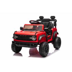 Mașină electrică de jucărie Ford Bronco cu tracțiune spate cu licență (un singur loc), roșu, baterie litiu, șasiu înalt, scaun lat, axă suspensie spate, telecomandă 2,4 GHz, player MP3 cu intrare USB, lumini LED