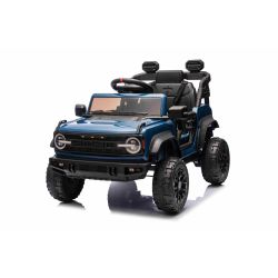Mașină electrică de jucărie Ford Bronco cu tracțiune spate cu licență (un singur loc), albastru, baterie litiu, șasiu înalt, scaun lat, axă suspensie spate, telecomandă 2,4 GHz, player MP3 cu intrare USB, lumini LED