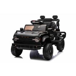 Mașină electrică de jucărie Ford Bronco cu tracțiune spate cu licență (un singur loc), negru, baterie litiu, șasiu înalt, scaun lat, axă suspensie spate, telecomandă 2,4 GHz, player MP3 cu intrare USB, lumini LED