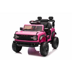 Mașină electrică de jucărie Ford Bronco cu tracțiune spate cu licență (un singur loc), roz, baterie litiu, șasiu înalt, scaun lat, axă suspensie spate, telecomandă 2,4 GHz, player MP3 cu intrare USB, lumini LED