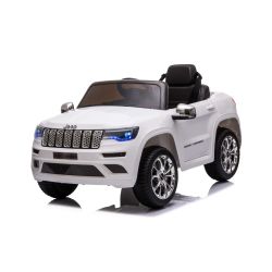 Mașină electrică copii JEEP GRAND CHEROKEE 12V, alb, scaun din piele, telecomandă de 2,4 GHz, intrare USB / AUX, suspensie, baterie de 12V, roți EVA moi, MOTOR 2 X 35W, licență ORIGINALĂ