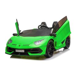 Mașină electrică copii Lamborghini Aventador 12V, două locuri, scaun din plastic, verde, telecomandă de 2,4 GHz, intrare USB / SD, suspensie, ușă cu deschidere verticală, roți EVA moi, 2 X MOTOR, licență ORIGINALĂ