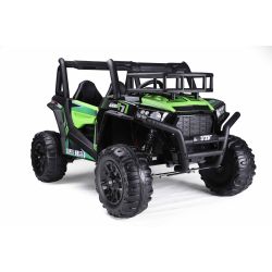 Mașină electrică pentru copii UTV 24V, verde, două locuri, motor 2 x 200 W, roți EVA, osii cu arcuri, frână electrică, scaun tapițat, 2.4 GHz DO, două locuri, USB, AUX