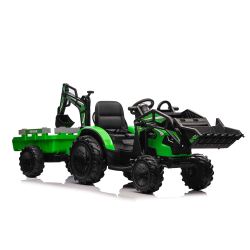 Tractor electric TOP-WORKER 12V cu cupă și remorcă, verde, Scaun simplu, moale din PU, MP3 Player cu intrare USB, Tracțiune spate, Motor 2 x 45W, roți EVA, baterie 12V / 10Ah, Teldecomandă