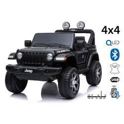 Mașinuță electrică pentru copii JEEP Wrangler, Negru, scaun din piele, Radio cu intrare Bluetooth și USB, unitate 4x4, baterie de 12V10Ah, roți EVA, suspensii spate, telecomandă de 2,4 GHz, licențiat