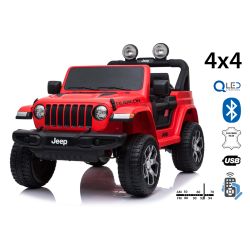 Mașinuță electrică pentru copii JEEP Wrangler, Roșu, scaun din piele, Radio cu intrare Bluetooth și USB, unitate 4x4, baterie de 12V10Ah, roți EVA, suspensii spate, telecomandă de 2,4 GHz, licențiat