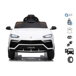 Mașinuță electrică pentru copii, Lamborghini URUS, Albă, licențiată originală, alimentată cu baterii, deschidere uși,  2x motoare, baterie 12 V, telecomandă 2,4 Ghz, roți moi EVA , suspensii, pornire lină