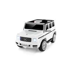 Mașinuță electrică Mercedes G, alb, scaun individual, baterie litiu, telecomandă 2.4 GHz, 2XMOTOR, USB, card SD, licență ORIGINALĂ