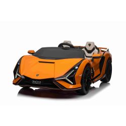 Mașină electrică Lamborghini Sian 4X4, portocaliu, 12V, telecomandă 2,4 GHz, intrare USB/AUX, Bluetooth, suspensie, ușă cu deschidere verticală, roți moi EVA, lumini LED, licență ORIGINALĂ