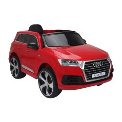 Masinuta electrica pentru copii AUDI Q7 Quattro, Roșu, Licență Originală, uși care se deschid, 1 Scaun, 2 x Motoare, Baterie 12V, Telecomandă 2,4 Ghz, roți moi EVA, Pornire lină