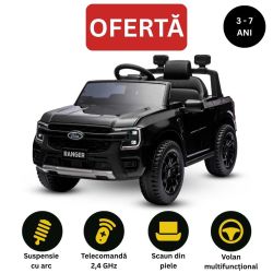 Mașină electrică de jucărie FORD Ranger 12V, negru, Scaun piele, Telecomandă 2,4 GHz, Intrare Bluetooth/USB, Suspensii, Baterie 12V, Roți din plastic, MOTOR 2 X 30W, Licență ORIGINALĂ
