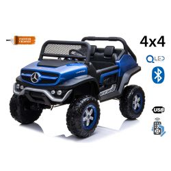 Mașinuță electrică pentru copii Mercedes Unimog, vopsită albastru, tracțiune 4x4, baterie 12V / 14Ah, roți EVA, două locuri, Telecomandă 2.4 GHz, 4 X MOTOARE,  USB, card SD, Radio