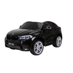 BMW X6 M Mașinuță electrică pentru copii, Neagră, Două Scaune din Piele, 2x 120W, Licență Originală, Cu Baterii, Uși care se deschid,  frână electrică, 2x motoare, Baterie 12V10Ah,  Telecomandă 2.4 Ghz, roți ușoare EVA, pornire Lină