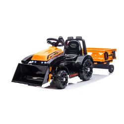 Tractor electric pentru copii FARMER cu cupă și remorcă, portocaliu, tracțiune spate, baterie 6V, roți din plastic, scaun larg, motor de 20W, comandă volan, lumini LED