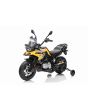 Motocicletă electrică BMW F850 GS, Licențiat, baterie 12V, roți moi EVA, motor 2 x 35W, lumini LED, roți auxiliare, galben